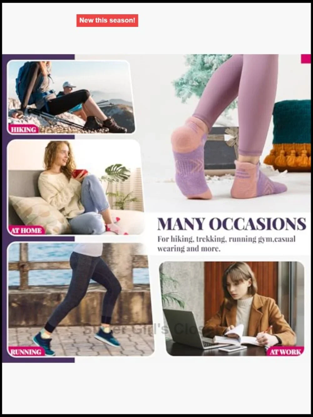 Merino Wool Ankle Hiking Running Socks for Women - 6 Pairs